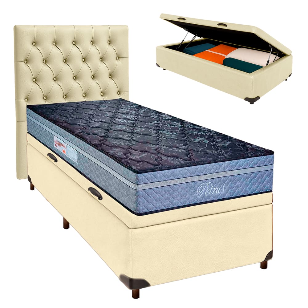 Kit Cama Box Bau + Cabeceira + Colchão Solteiro Molas Ensacadas - Petrus - Paropas