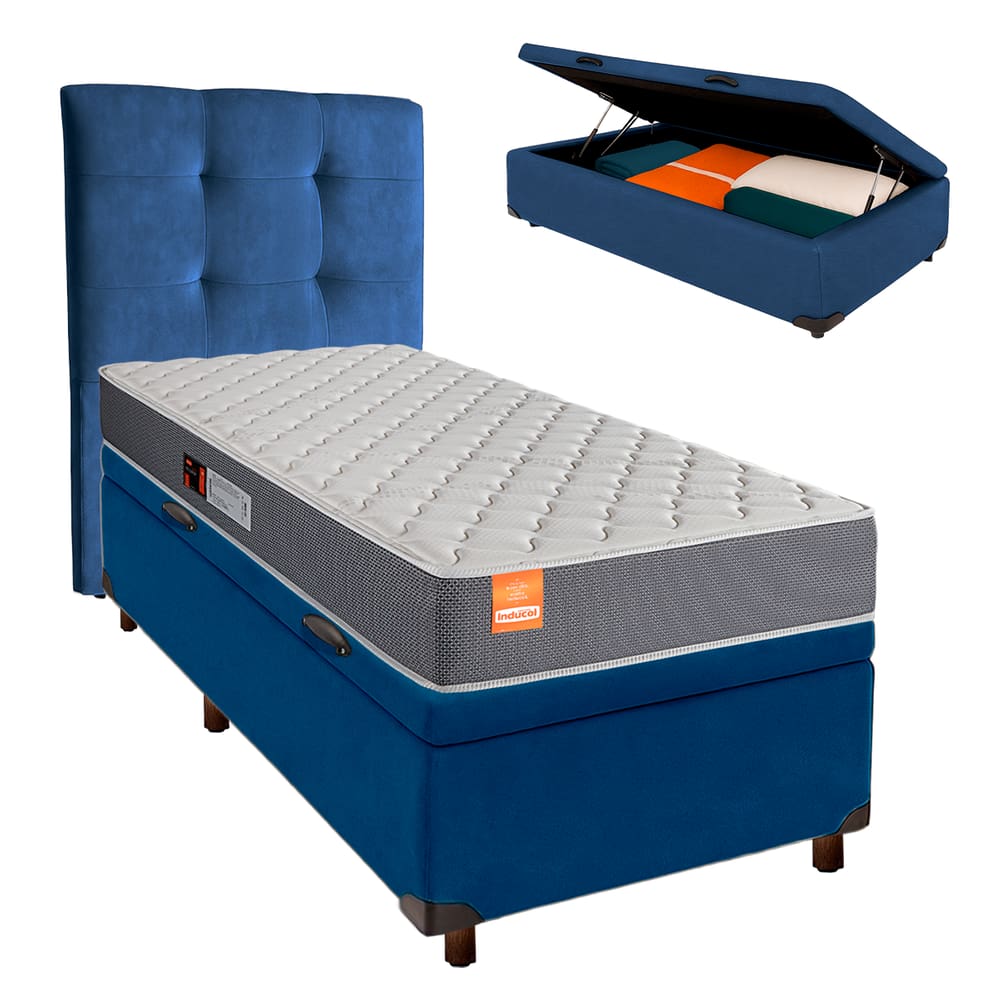 Conjunto Cama Box Bau Azul Solteiro + Colchão D23 Pro Inducol + Cabeceira