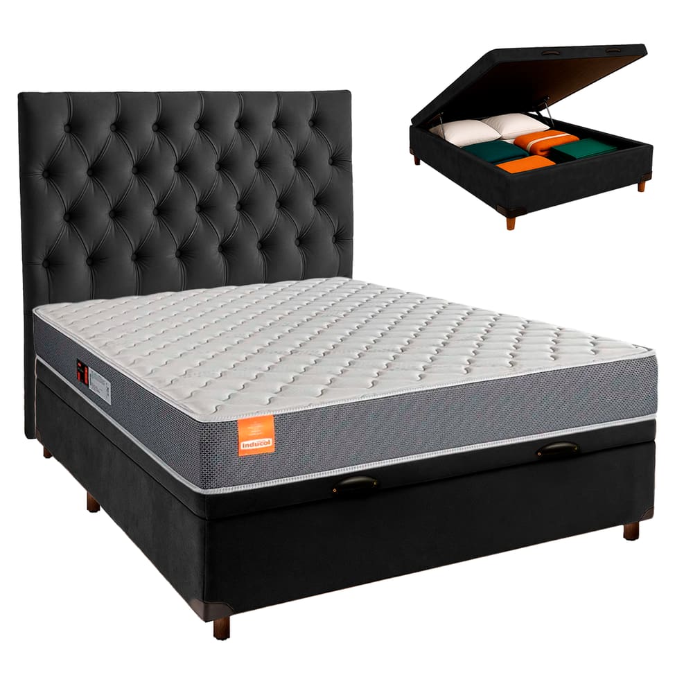 Cama Box Bau + Colchão Casal D23 Pro Inducol + Cabeceira Estofada