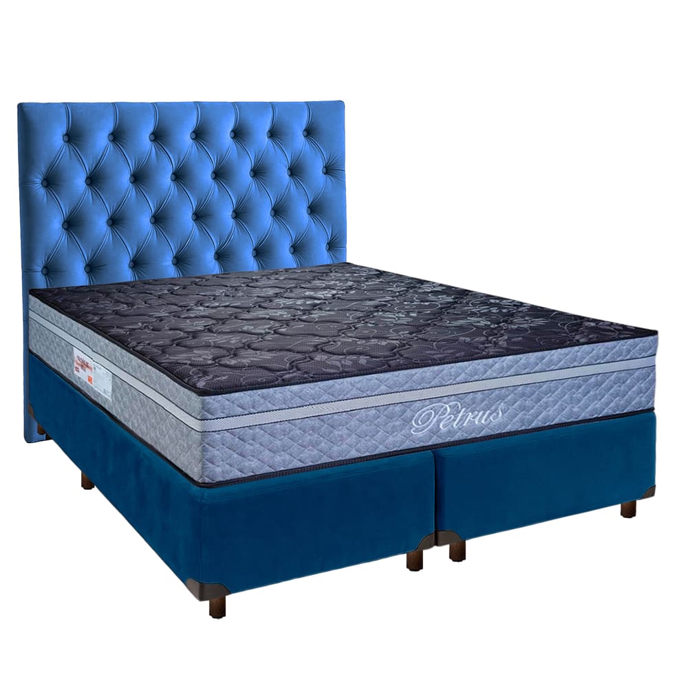 Cama + Box Azul e Colchão Molas Ensacadas Queen - Petrus Paropas + Cabeceira