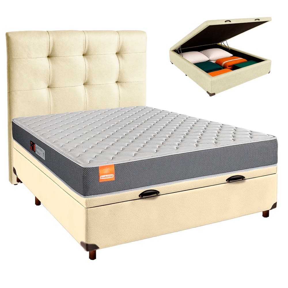 Cama Box Bau + Colchão Casal D23 Pro Inducol + Cabeceira Estofada