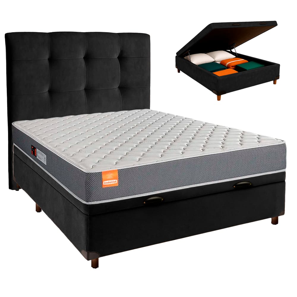 Conjunto Cama Box Bau Blindado Casal + Colchão D23 Pro Inducol + Cabeceira