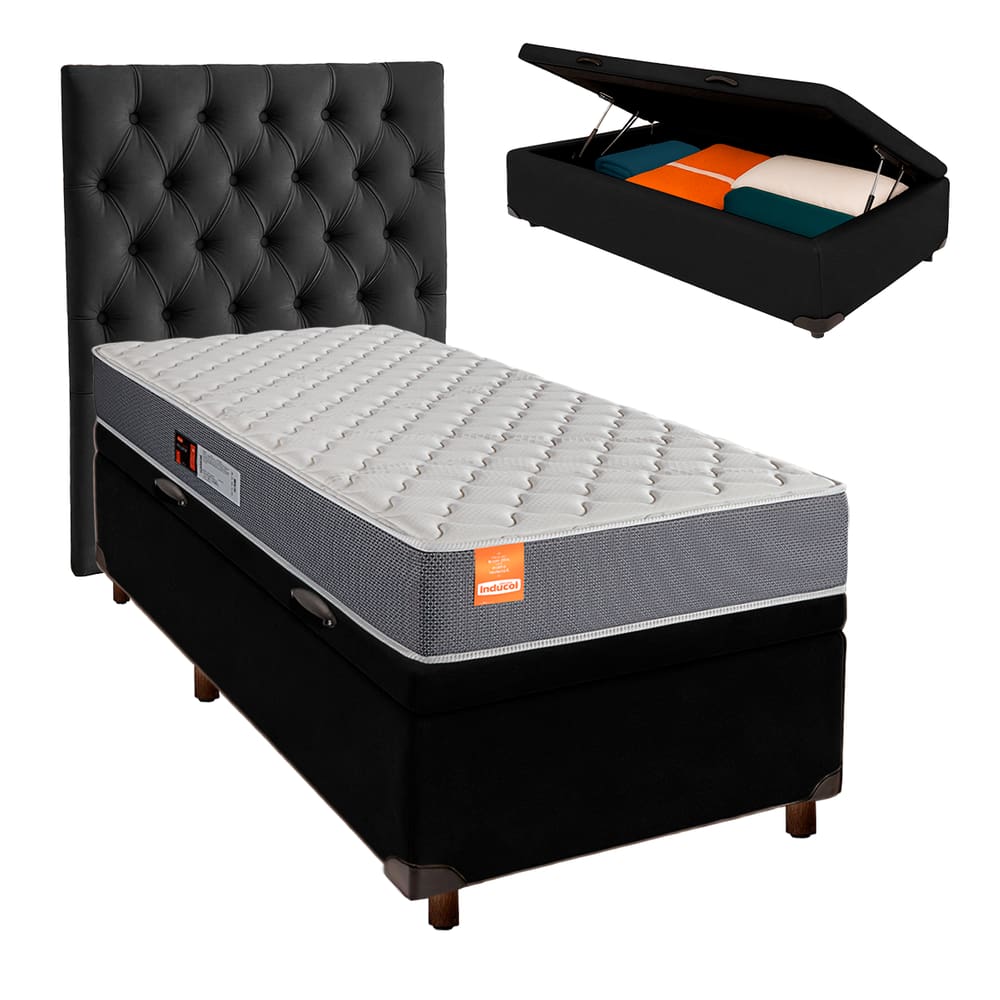 Conjunto Cama Box Bau Blindado Solteiro + Colchão D23 Pro Inducol + Cabeceira