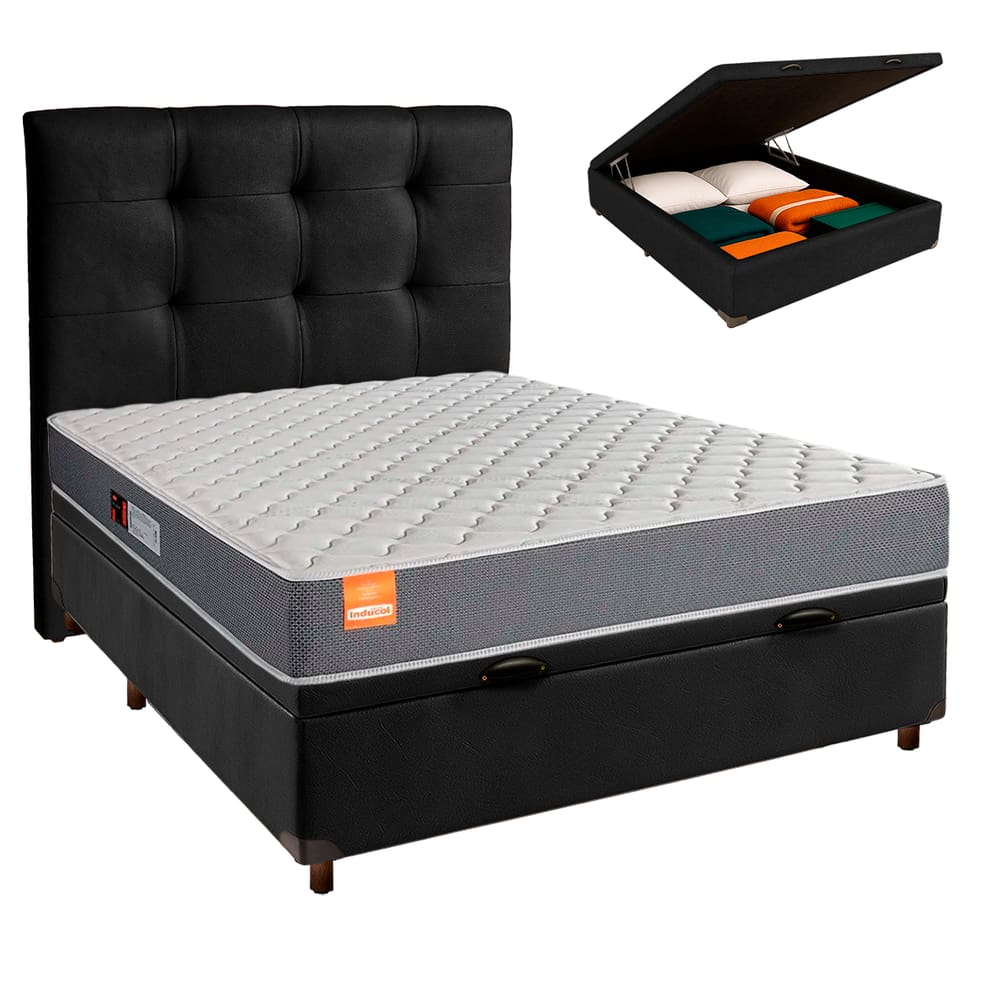 Cama Box Bau + Colchão Casal D23 Pro Inducol + Cabeceira Estofada