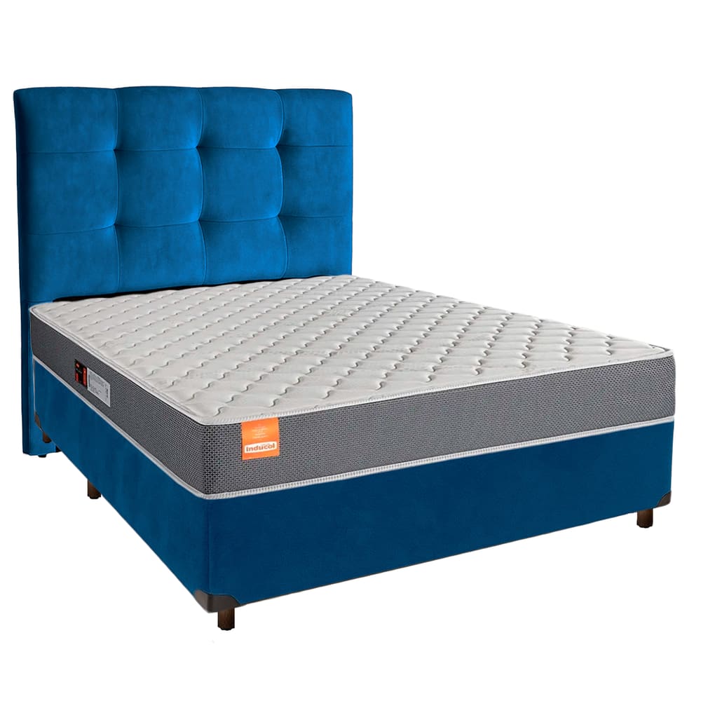 Conjunto Cama Box Azul Casal + Colchão D23 Pro Inducol + Cabeceira