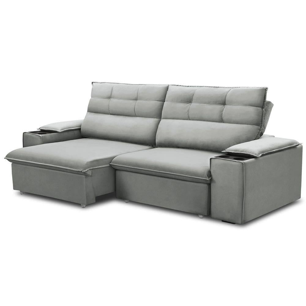 Sofá Retrátil Reclinável Para Sala 3 Lugares 225cm Gordon F04 Veludo Cinza Claro - Lyam Decor