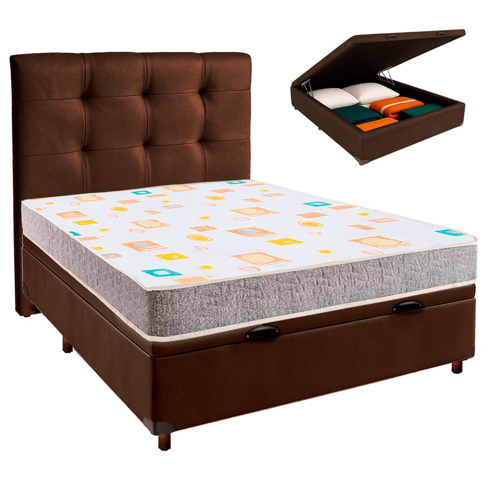 Cama Box Bau + Colchão Casal D20 D20 Inducol + Cabeceira Estofada
