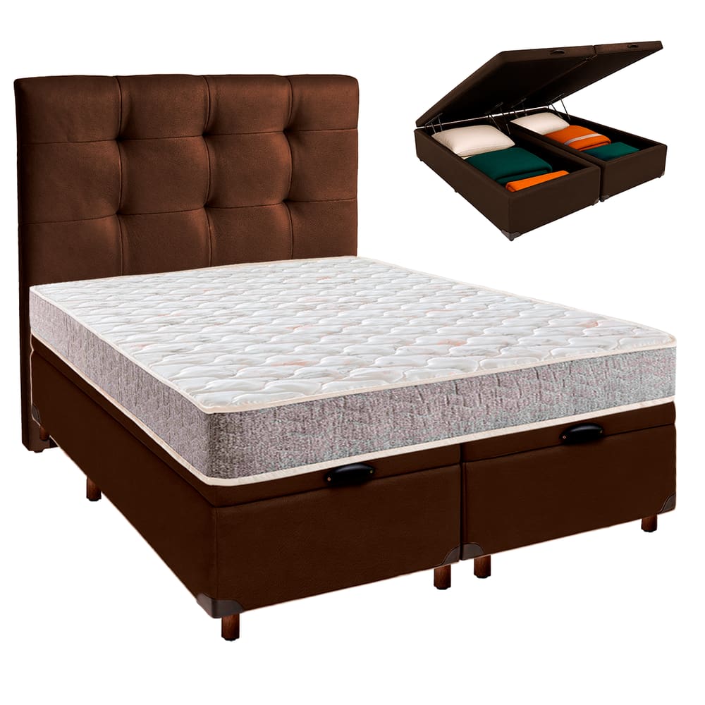Cama Box Bau + Colchão Casal D33 D33 Inducol + Cabeceira Estofada