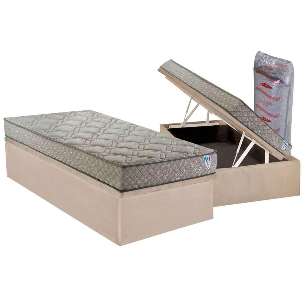 Cama Box Baú Solteiro: Colchão Espuma D33 Herval Enrolado a Vácuo C1429 + Base CRC Suede Clean (88x188)