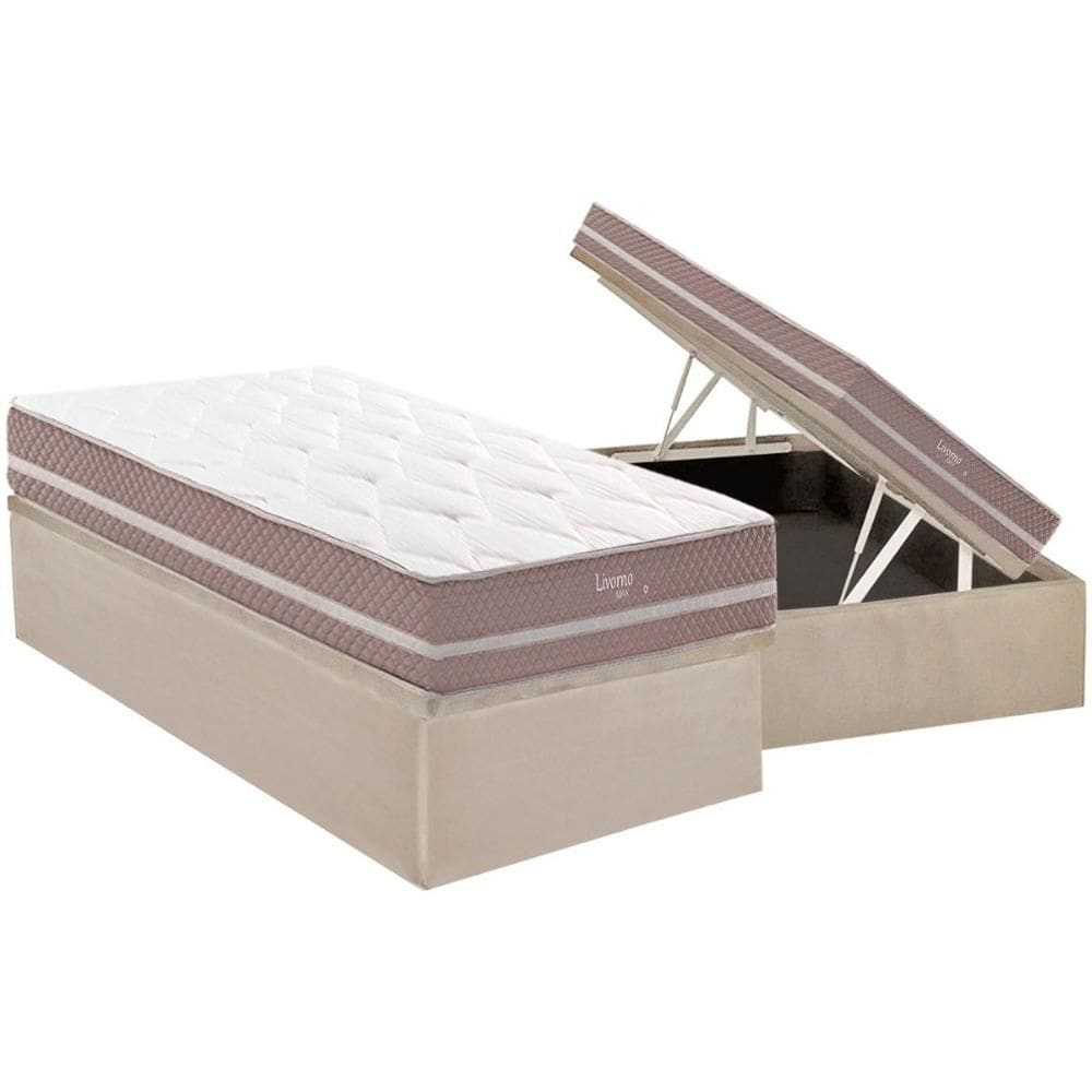 Conjunto Box Baú Solteiro: Colchão Molas Herval Maxspring Livorno + Base CRC Suede Clean (88x188)