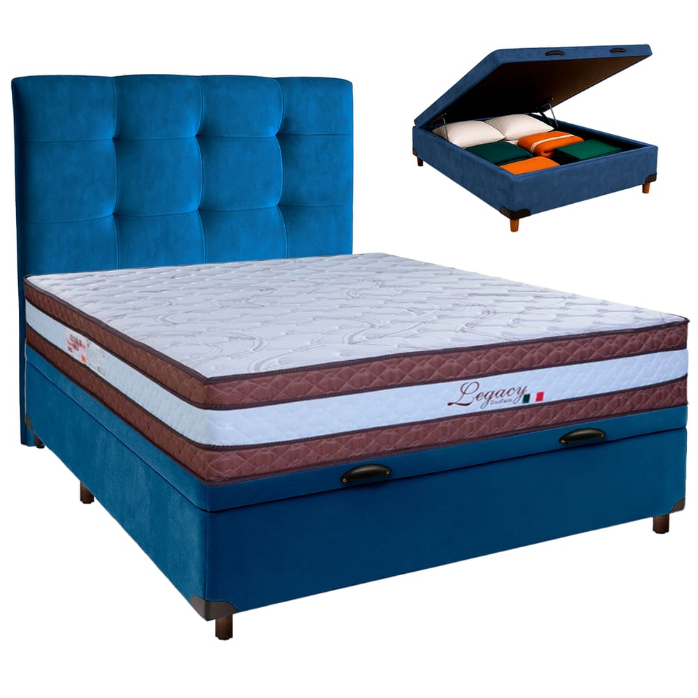 Conjunto Cama Box Bau Azul Casal + Colchão Molas Ensacadas Legaccy Paropas + Cabeceira