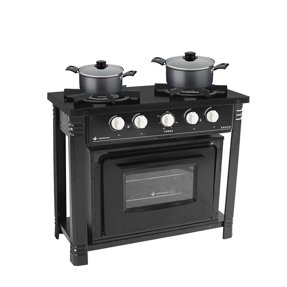 Fogão Industrial 2 Bocas com Forno Bravo Preto Venâncio + 2 Caçarolas Tramontina Turim