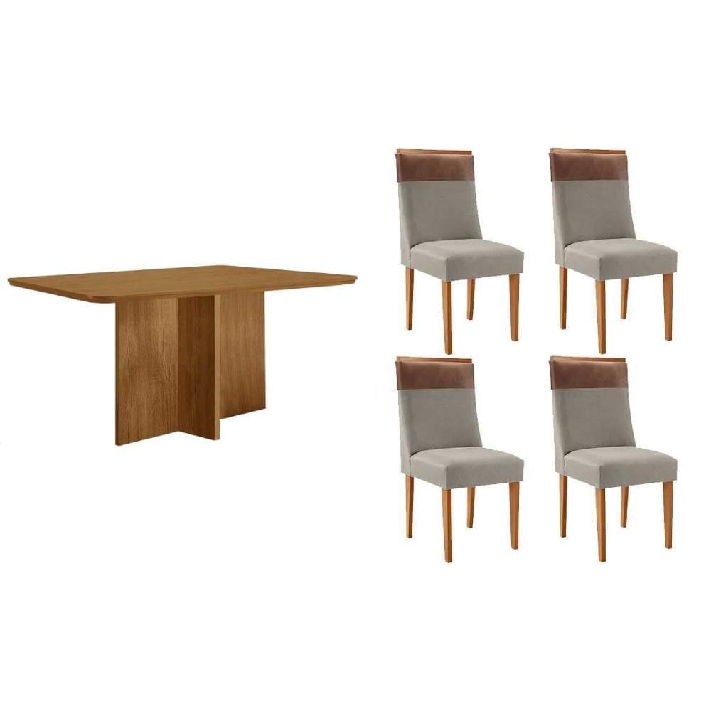 Conjunto: Mesa de Cozinha Berlim c/ Tampo Madeirado Canto Curvo 120x80cm e 4 Cadeiras Jaspe Naturale - Suede Capuccino - Rufato