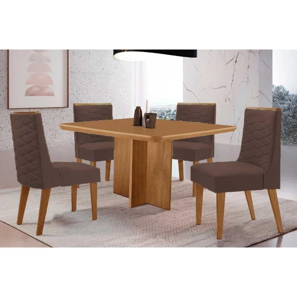 Conjunto: Mesa de Cozinha Berlim c/ Tampo Madeirado Canto Curvo 90x90cm e 4 Cadeiras Dafne Naturale - Suede Marrom - Rufato