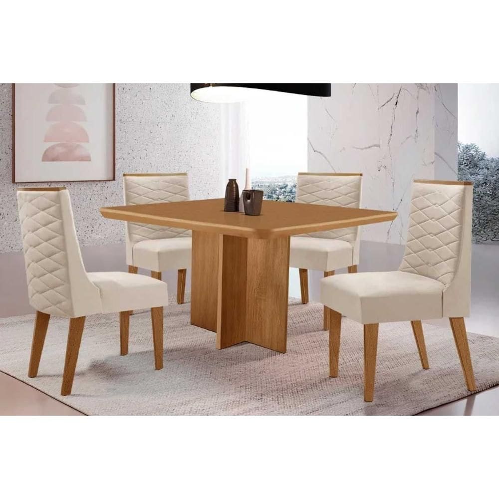 Conjunto: Mesa de Cozinha Berlim c/ Tampo Madeirado Canto Curvo 90x90cm e 4 Cadeiras Dafne Naturale - Suede Creme - Rufato