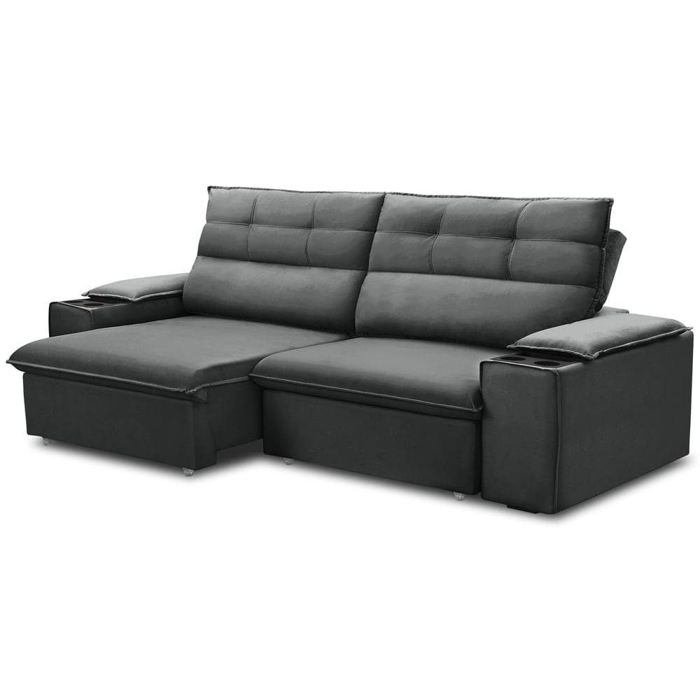 Sofá Retrátil Reclinável Para Sala 3 Lugares 245cm Gordon F04 Veludo Cinza Escuro - Lyam Decor