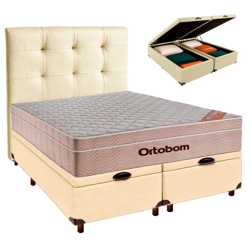 Kit Cabeceira + Cama Box Bau  + Colchão Casal Molas Ensacadas Airtech Ortobom