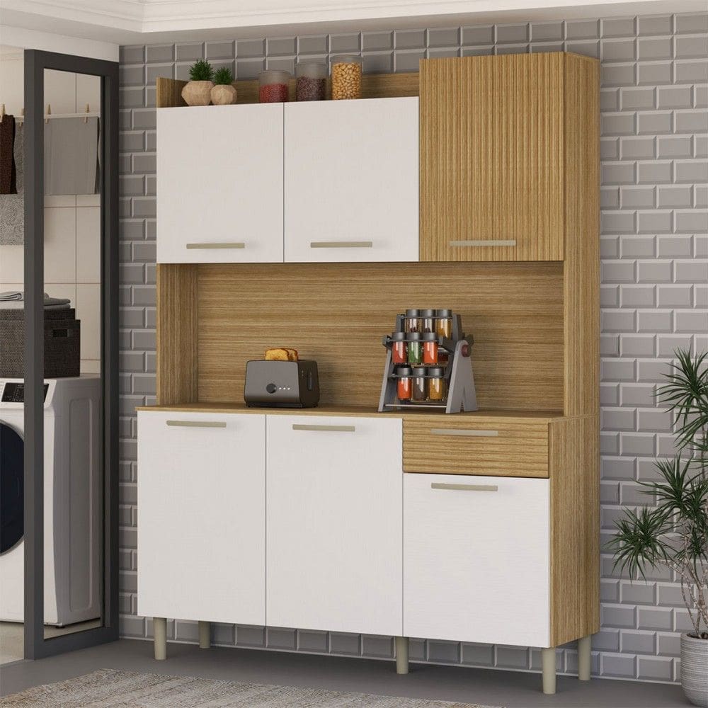 Armário de Cozinha com Balcão Cataguera 6 Portas 1 Gaveta Ripado 3d Freijó/Supremo - Panorama Móveis
