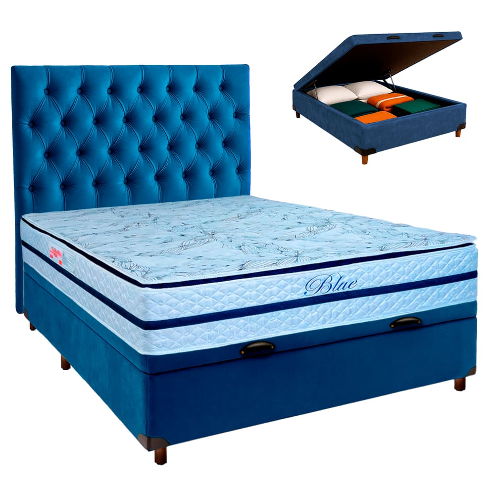 Kit Cama Box Bau + Cabeceira + Colchão Casal Molas Ensacadas - Blue - Paropas