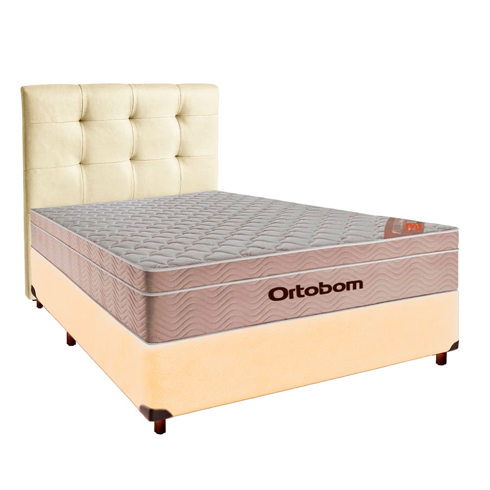 Cama + Box Bege e Colchão Ortobom Molas Ensacadas Casal - Airtech + Cabeceira