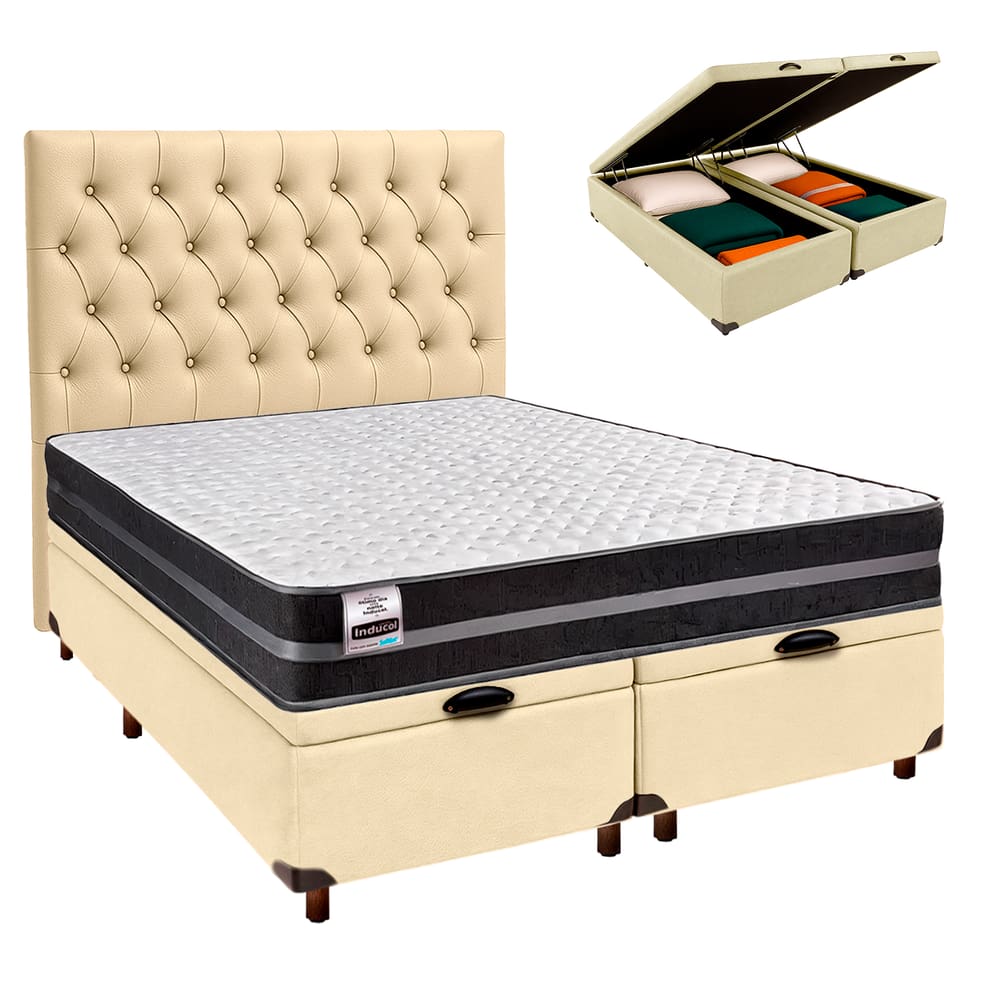 Cama Box Bau + Colchão Casal Molas Ultralastic Bogota Inducol + Cabeceira Estofada