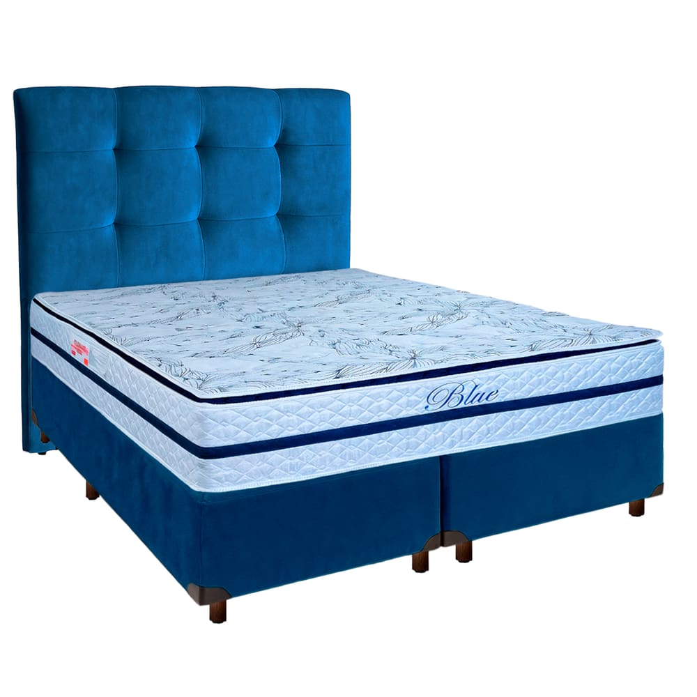 Cama + Box Azul e Colchão Molas Ensacadas Queen - Blue Paropas + Cabeceira