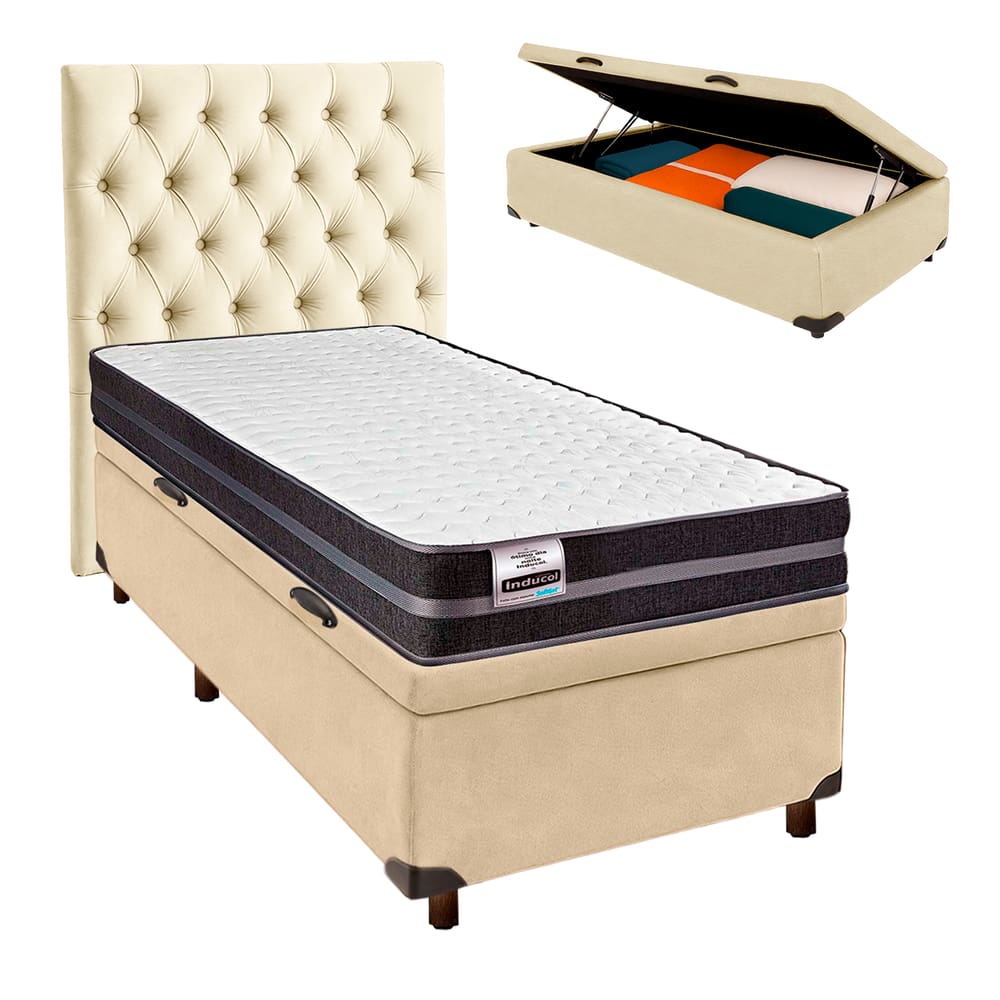 Cama + Bau Perola e Colchão Molas Ultralastic Solteiro - Bogota Inducol + Cabeceira