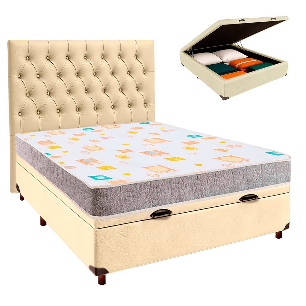 Cama + Bau Bege e Colchão D20 Casal - D20 Inducol + Cabeceira