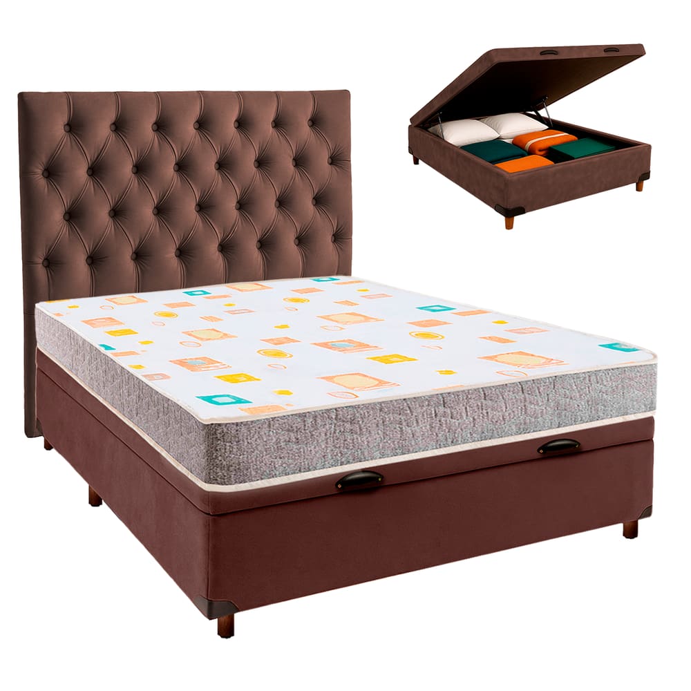 Conjunto Cama Box Bau Marrom Casal + Colchão D20 D20 Inducol + Cabeceira