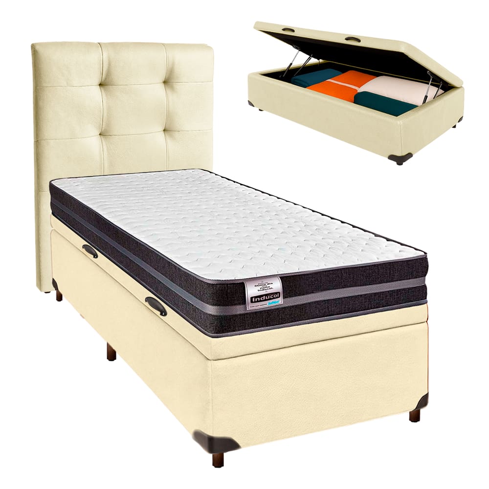 Kit Cama Box Bau + Cabeceira + Colchão Solteiro Molas Ultralastic - Bogota - Inducol