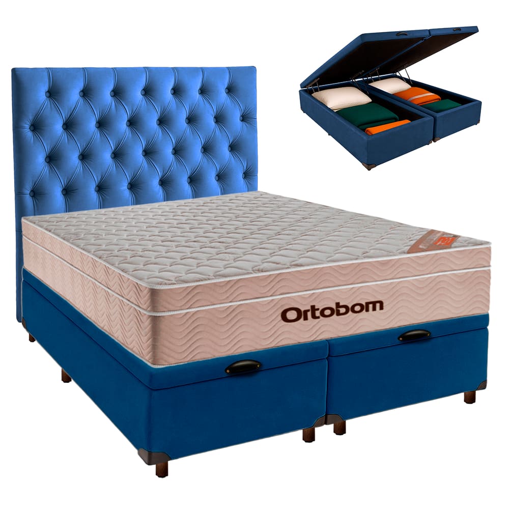 Conjunto Cama Box Bau Blindado Queen + Colchão Molas Ensacadas Airtech Ortobom + Cabeceira