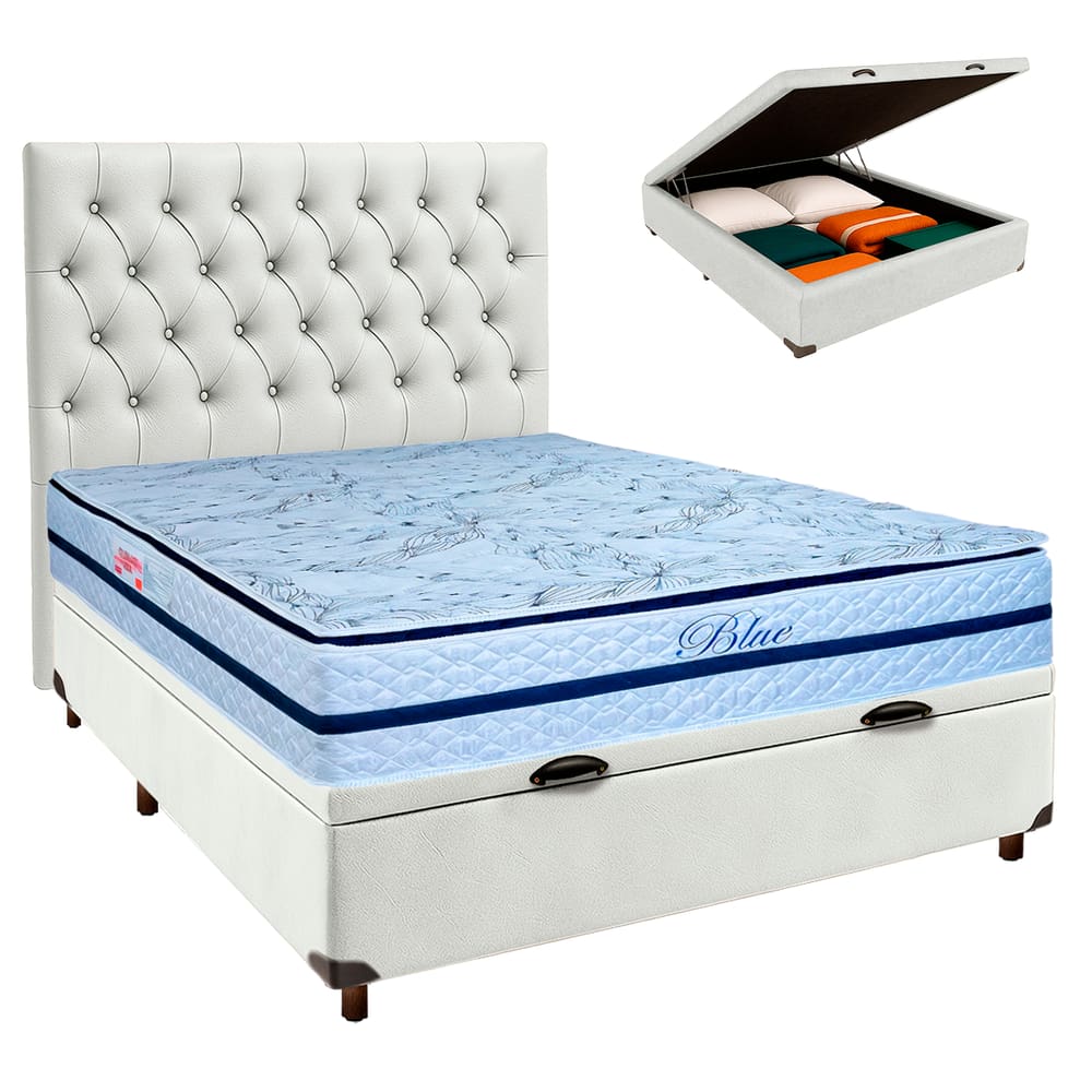 Conjunto Cama Box Bau Blindado Casal + Colchão Molas Ensacadas Blue Paropas + Cabeceira