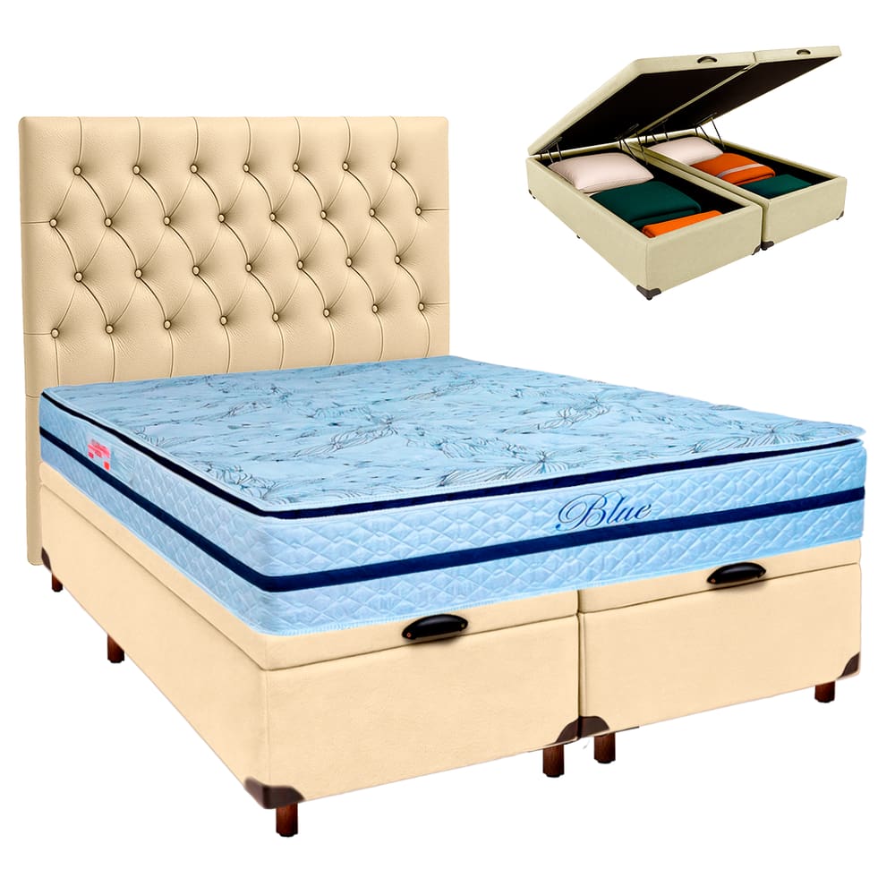 Kit Cabeceira + Cama Box Bau  + Colchão Queen Molas Ensacadas Blue Paropas