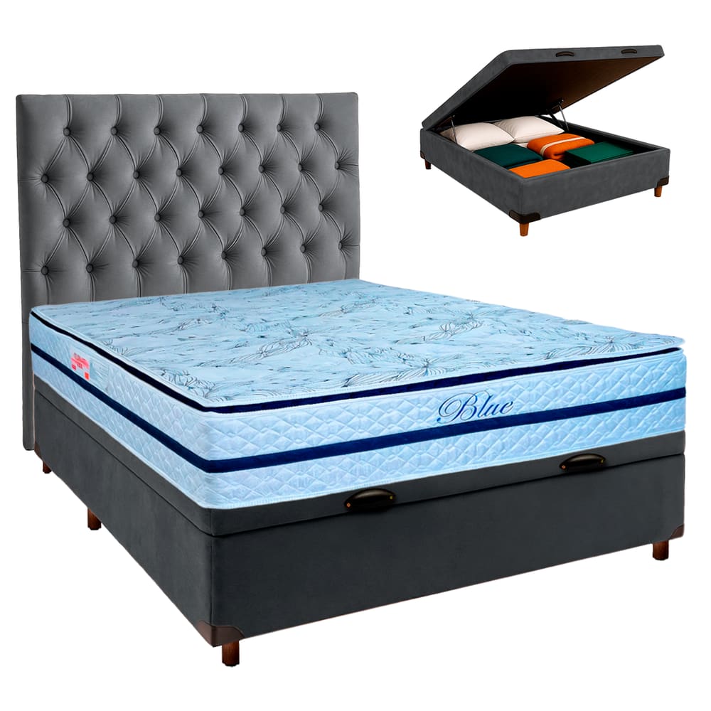 Conjunto Cama Box Bau Blindado Casal + Colchão Molas Ensacadas Blue Paropas + Cabeceira
