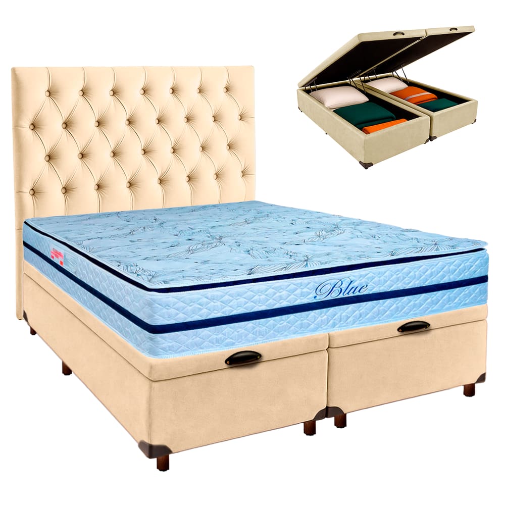 Kit Cama Box Bau + Cabeceira + Colchão Queen Molas Ensacadas - Blue - Paropas