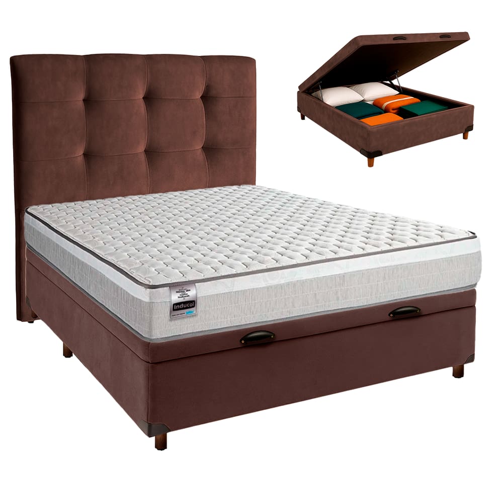 Cama + Bau Marrom e Colchão Molas Ensacadas Casal - Hanover Inducol + Cabeceira