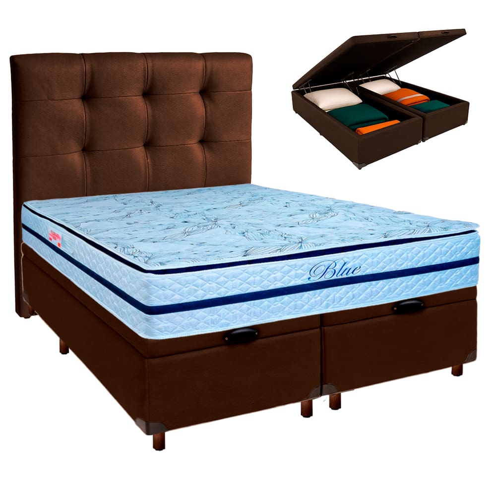 Kit Cabeceira + Cama Box Bau  + Colchão Casal Molas Ensacadas Blue Paropas