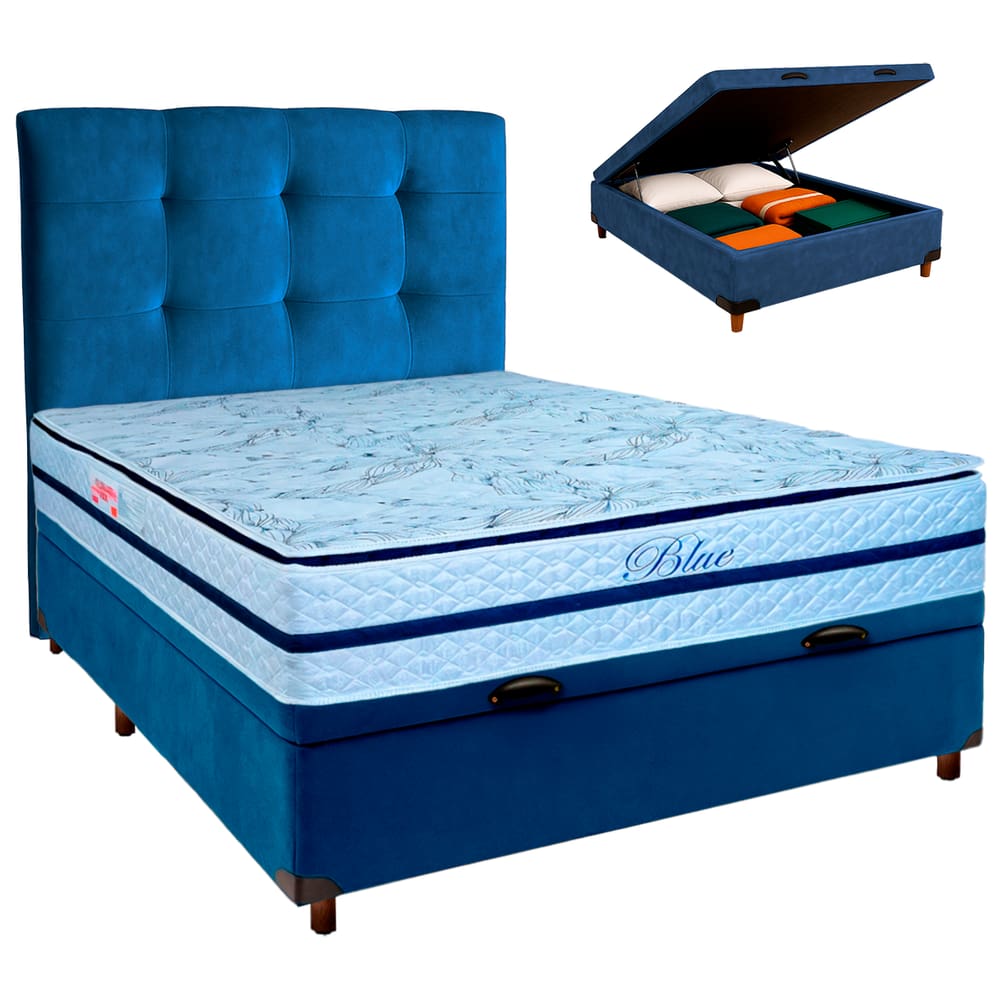 Kit Cabeceira + Cama Box Bau + Colchão Casal Molas Ensacadas Blue Paropas