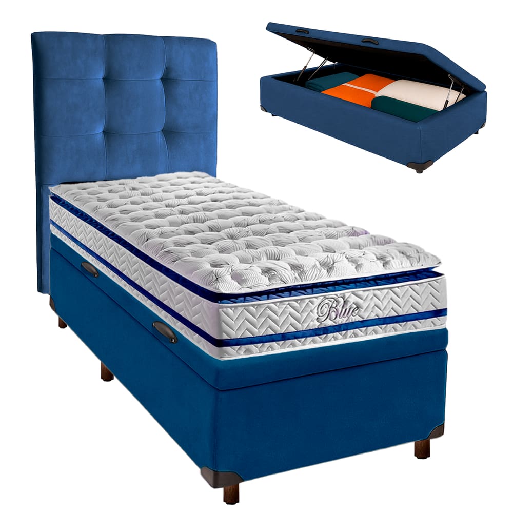 Conjunto Cama Box Bau Azul Solteiro + Colchão Molas Ensacadas Blue Paropas + Cabeceira