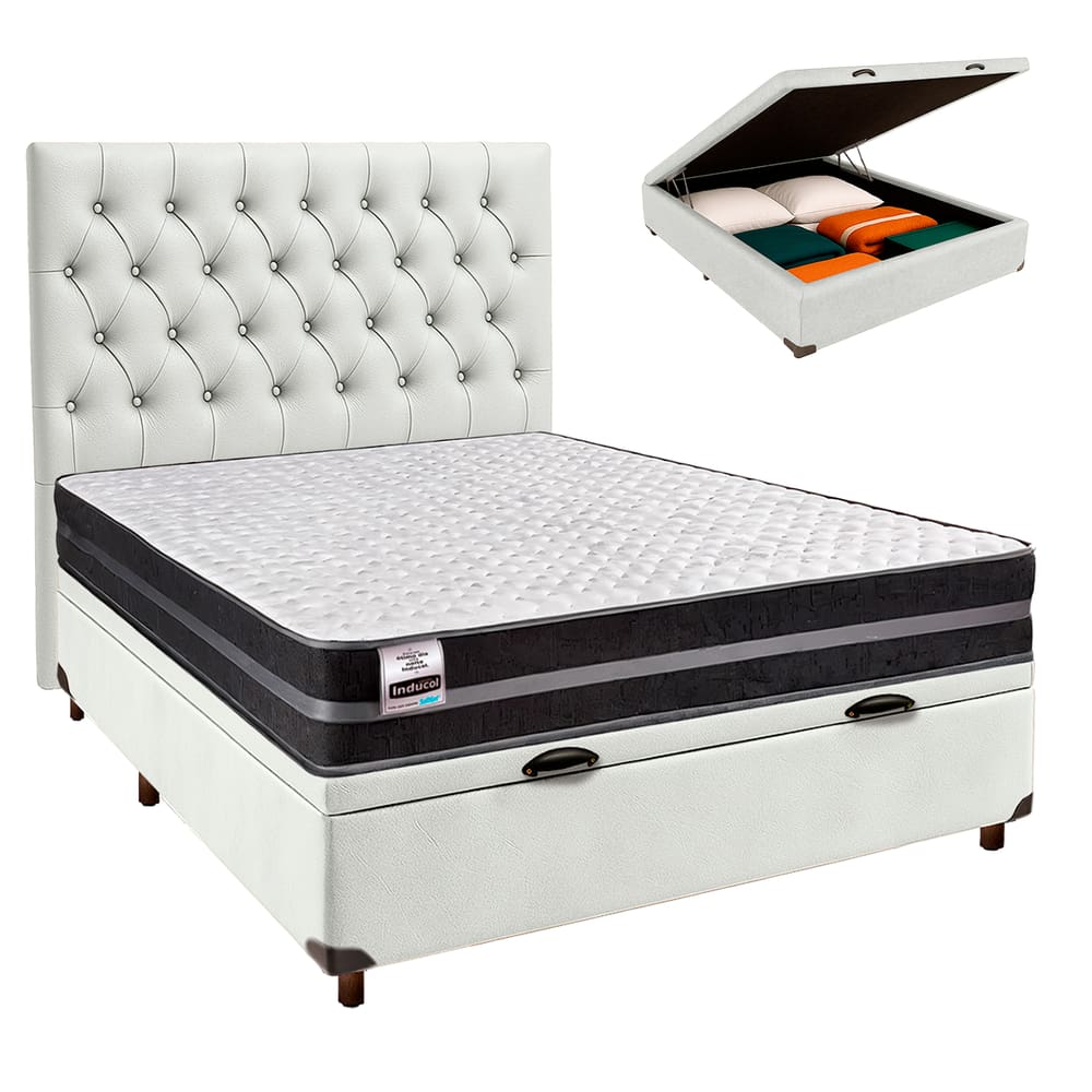 Conjunto Cama Box Bau Branco Casal + Colchão Molas Ultralastic Bogota Inducol + Cabeceira