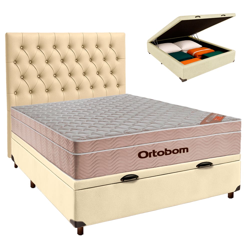 Conjunto Cama Box Bau Bege Casal + Colchão Molas Ensacadas Airtech Ortobom + Cabeceira