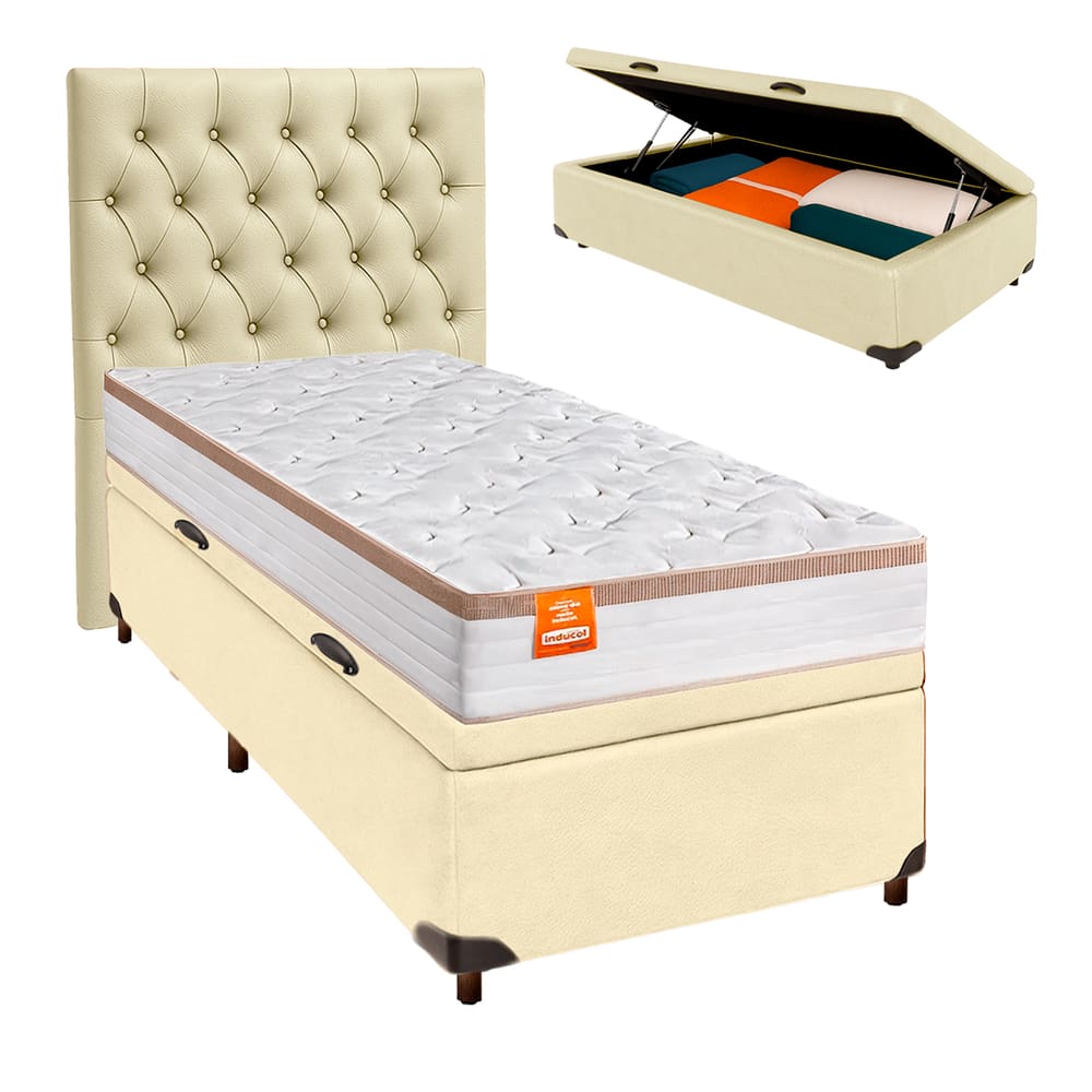 Kit Cama Box Bau + Cabeceira + Colchão Solteiro Molas Ensacadas - Isis Real - Inducol