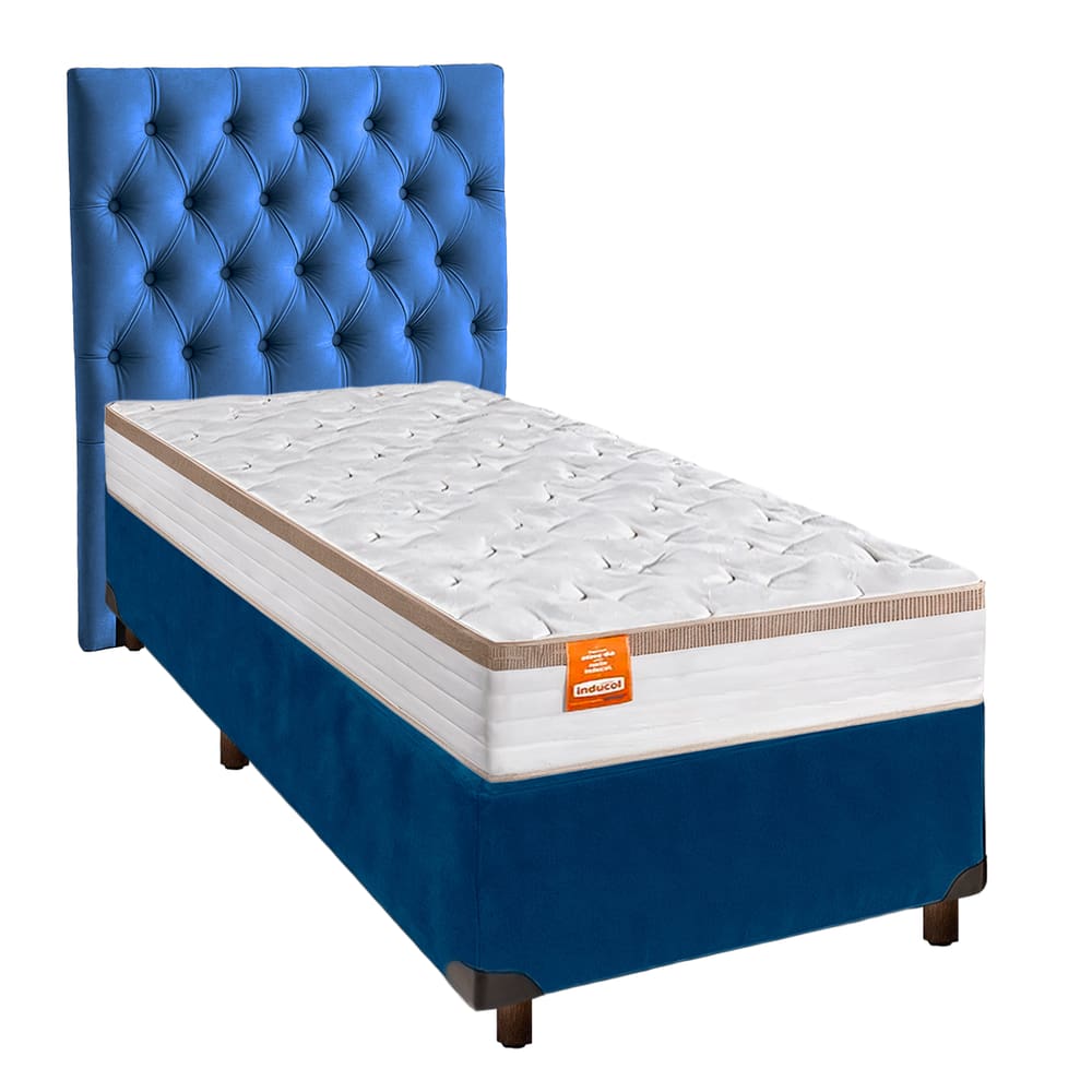 Cama + Box Azul e Colchão Molas Ensacadas Solteiro - Isis Real Inducol + Cabeceira