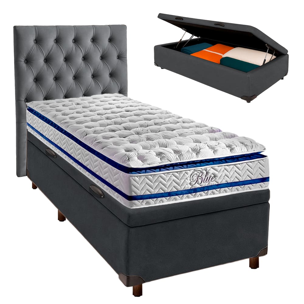 Kit Cabeceira + Cama Box Bau  + Colchão Solteiro Molas Ensacadas Blue Paropas