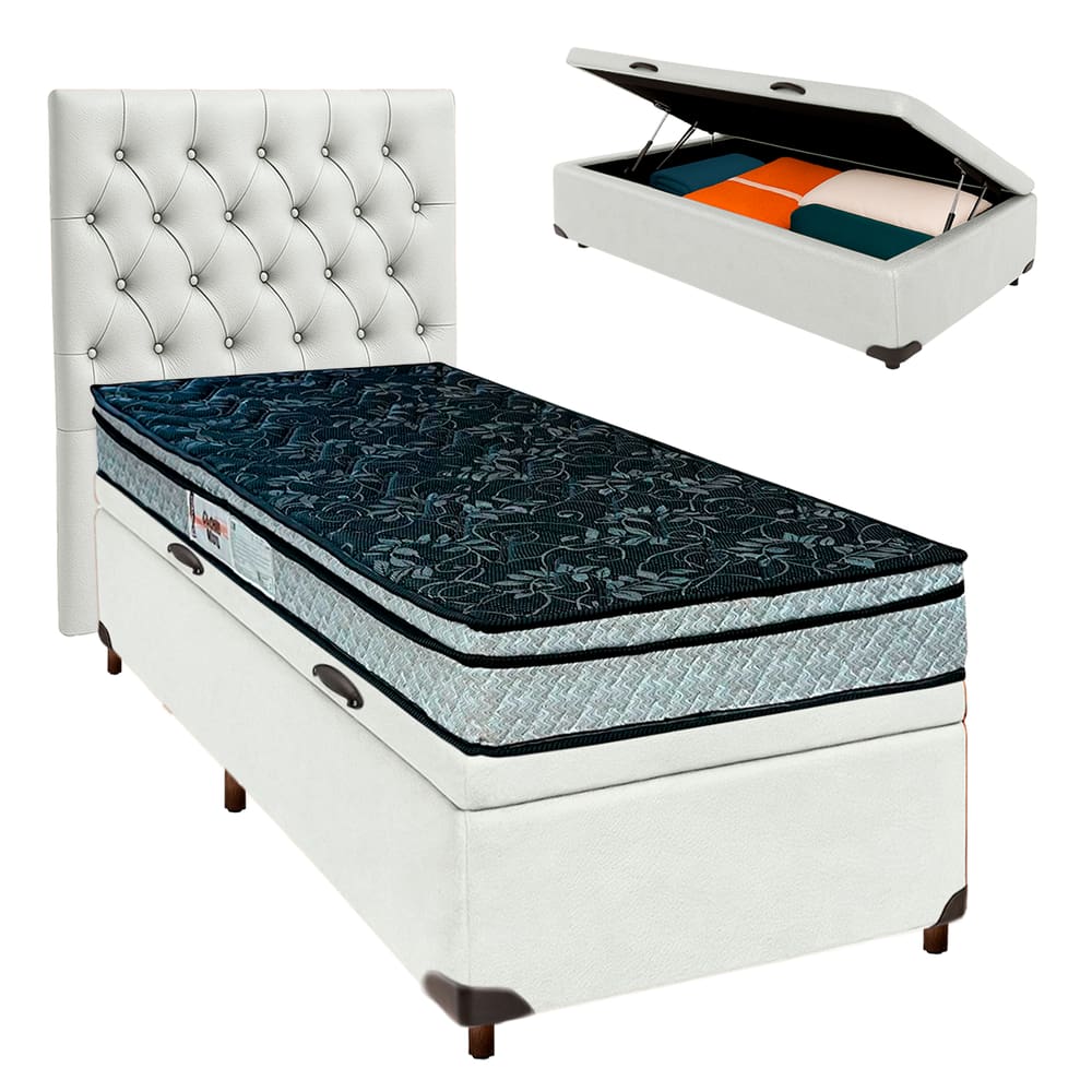 Conjunto Cama Box Bau Blindado Solteiro + Colchão D28 Conforto Paropas + Cabeceira