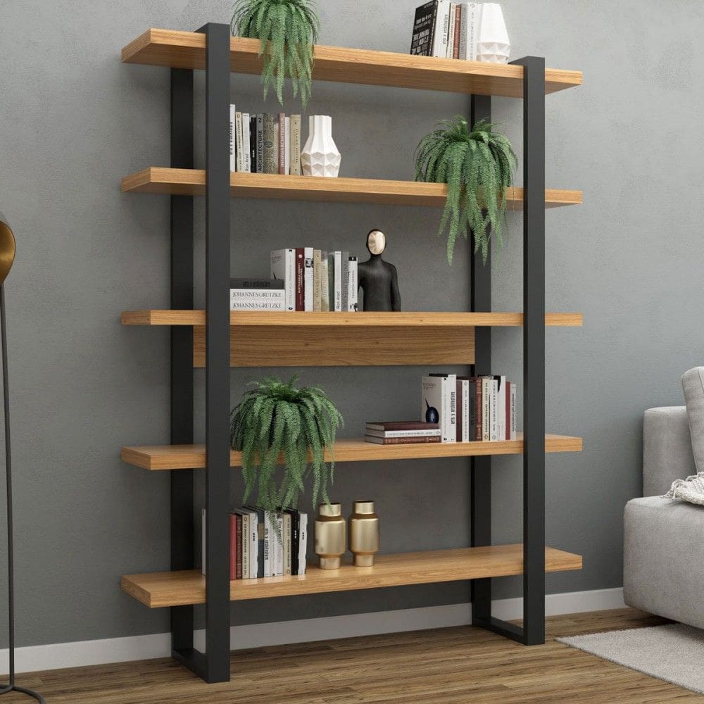 Estante para Livros 100% Mdf Industrial Concept 5 Prateleiras Freijó/Preto - Panorama Móveis
