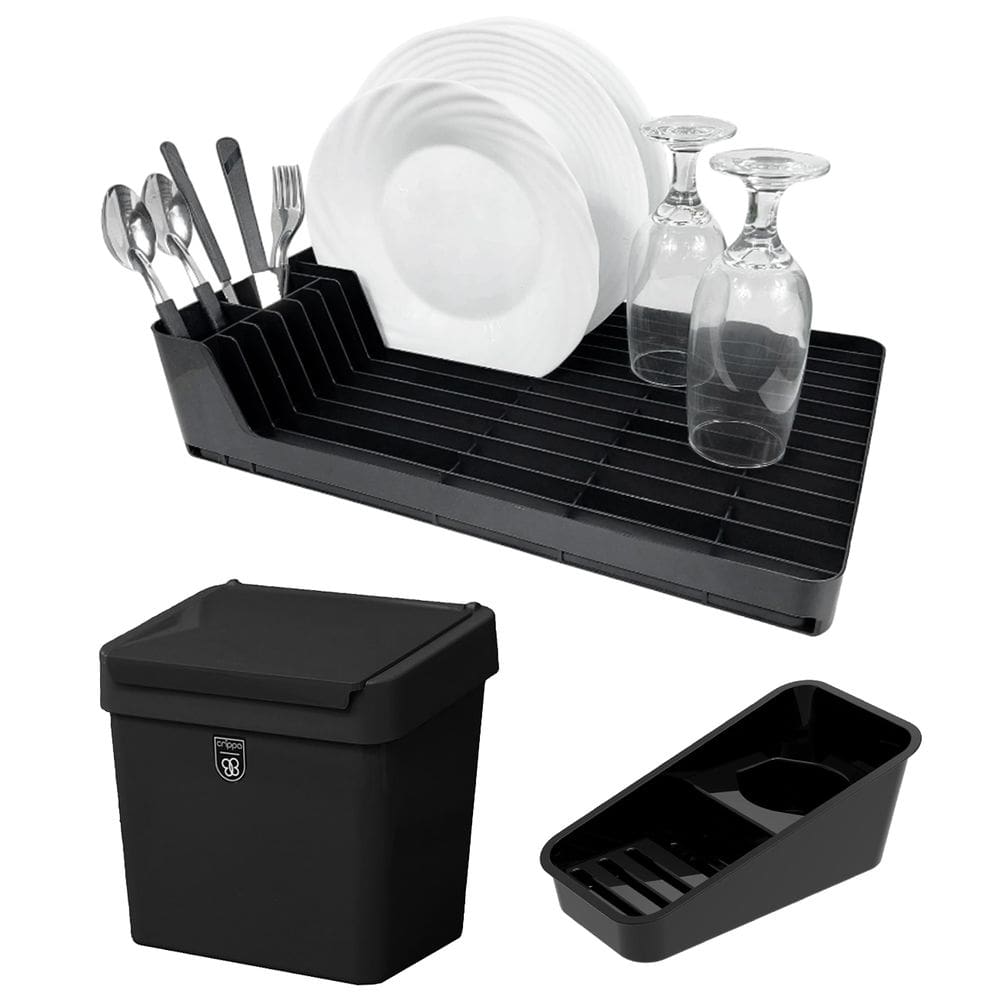 Kit 3 Pç Organizador de Pia + Escorredor de Louça + Lixeira 2,5 Litros Com Tampa Cozinha Preto - Pop Crippa