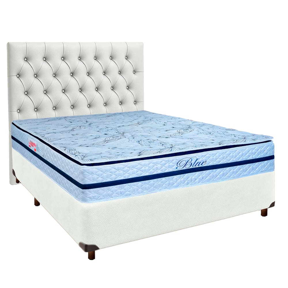 Cama + Box Branco e Colchão Molas Ensacadas Casal - Blue Paropas + Cabeceira