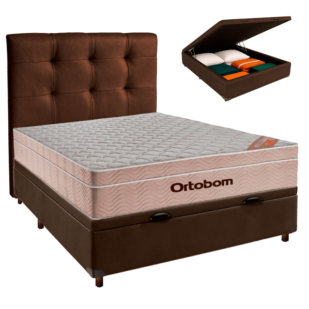 Kit Cabeceira + Cama Box Bau  + Colchão Casal Molas Ensacadas Airtech Ortobom