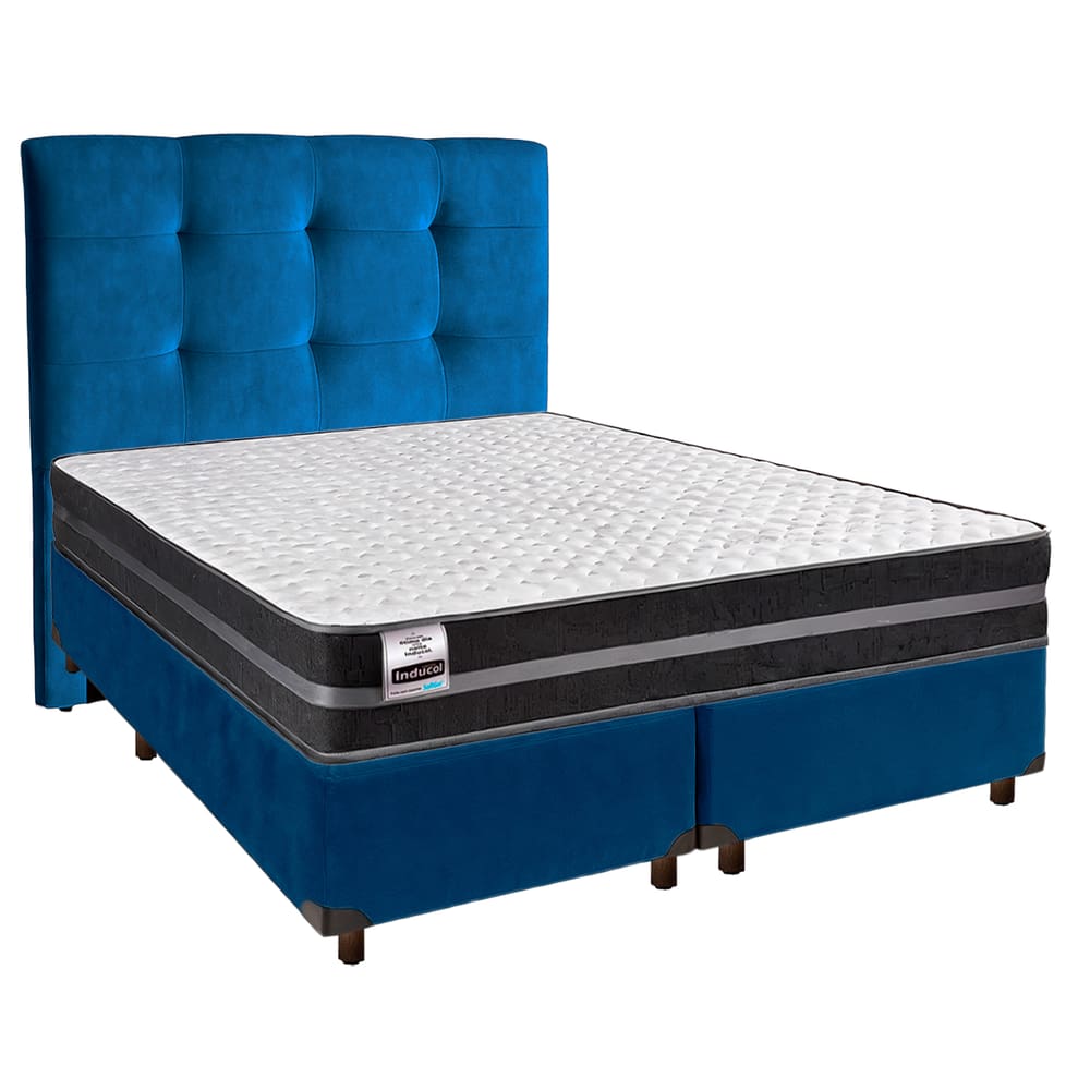 Cama + Box Azul e Colchão Molas Ultralastic Queen - Bogota Inducol + Cabeceira